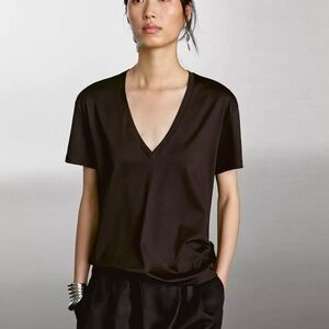 Massimo Dutti Flowing V-Neck T-Shirt Brown Cotton Chic Comfy NWT, Women’s M